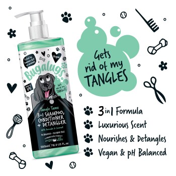Eine Flasche Bugalugs Tangle Tame 3-in-1 Shampoo, Conditioner und Entwirrungsmittel für Haustiere, mit einem Cartoon-Hund und Text, der die Vorteile hervorhebt.