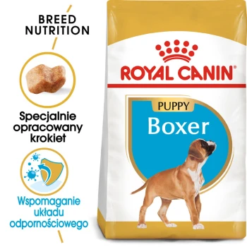 Torba karmy dla psów Royal Canin Boxer Puppy z wizerunkiem szczeniaka Boxera, z tekstem podkreślającym żywienie specyficzne dla rasy i wsparcie odporności.
