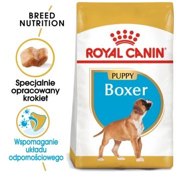 Torba karmy dla psów Royal Canin Boxer Puppy z wizerunkiem szczeniaka Boxera, z tekstem podkreślającym żywienie specyficzne dla rasy i wsparcie odporności.
