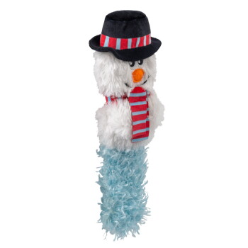 Plush snowman dog toy with black hat, red and gray striped scarf, and blue fuzzy body.