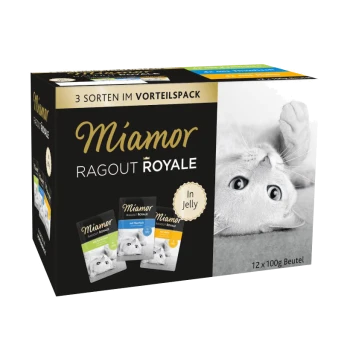 Miamor Ragout Royale Katzenfutterpackung mit drei Sorten in Gelee, mit einem verspielten Katzenbild auf der Box.