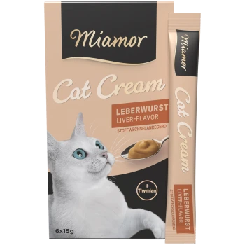 Miamor Cat Cream Packung (Leberwurst-Geschmack) zeigt weiße blauäugige Katze, Löffel mit Creme, Tube und + Thymian-Abzeichen
