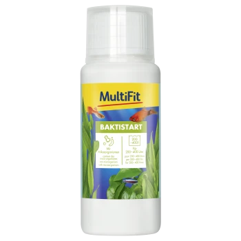 Conditionneur d'eau pour aquarium MultiFit Baktistart avec micro-organismes, pour 200-400 litres, avec poissons et plantes aquatiques sur l'étiquette.