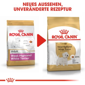 Zwei Tüten Royal Canin Hundefutter für West Highland White Terriers mit einem neuen Design. Text: "NEUES AUSSEHEN, UNVERÄNDERTE REZEPTUR."