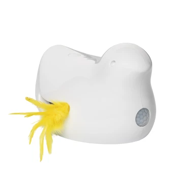 Peek-a-Bird Katzenspielzeug Ein interaktives Haustierspielzeug in Form einer weißen Ente mit einem gelben Feder-Schwanz, entworfen, um Haustiere zum Spielen zu animieren.