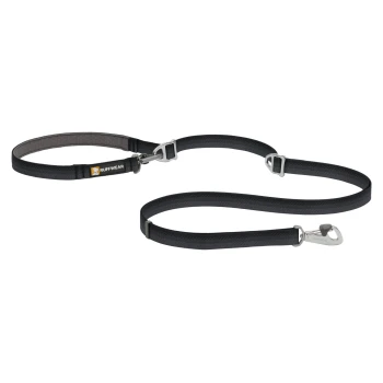 Schwarze Hundeleine von Ruffwear, mit einem gepolsterten Griff und einem stabilen Metallclip zur Befestigung.