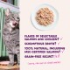 Gray tabby licking lips next to plate of salmon/chicken; ad text: 'Flakes', 'Broth', '100% natural', 'Grain-free? Yes'