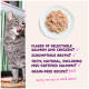 Gray tabby licking lips next to plate of salmon/chicken; ad text: 'Flakes', 'Broth', '100% natural', 'Grain-free? Yes'