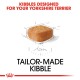 Kibble designed specifically for Yorkshire Terriers, featuring a single kibble piece illustration with measurements and the text "Tailor-Made Kibble."