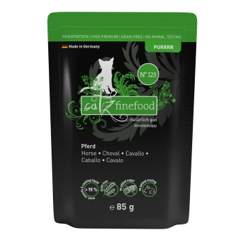 Nassfutter Katze Purrrr Adult No. 123 Pferd 16x85 g Verpackung für Katzenfutter mit "Catz Finefood" mit einem grünen Deckel, schwarzem Hintergrund und einer Silhouette einer Katze; Geschmacksrichtung: Pferd.