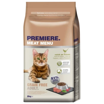Hunde-Futterbeutel mit der Aufschrift "Premiere Meat Menu", mit einer getigerten Katze, und dem Hinweis "Getreidefrei für Erwachsene" sowie 51% Fasanenanteil.