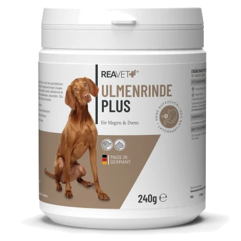 Zwei weiße Behälter von REAVET Ulmenrinde Plus für Hunde, gekennzeichnet für Magen- und Darmgesundheit, hergestellt in Deutschland, jeweils 120g.