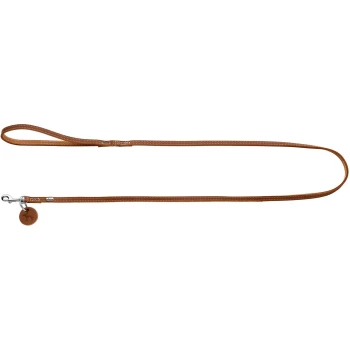 Braune Leder-Hundeleine mit abgesteppten Kanten, Schlaufenhandgriff, silbernem Karabiner und rundem Lederanhänger mit eingeprägter Hundesilhouette.
