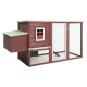 Holzhaustierhaus mit einem geneigten Dach, einem kleinen Eingang und einem geräumigen Außenlauf, mit Drahtgeflecht für Belüftung und Sicherheit.