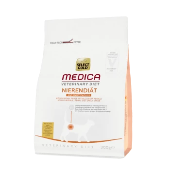 Sélection Gold Medica Régime Vétérinaire Nierendiät, sac de 300g, étiqueté pour un régime rénal pour chats, avec une fermeture éclair de type fresh-pack.