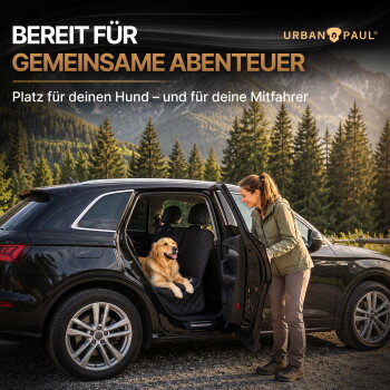 Golden Retriever in gesteppter Autositzauflage in einem schwarzen SUV mit einer Frau; Text: 'BEREIT FÜR GEMEINSAME ABENTEUER'.
