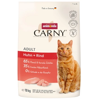 Carny Trockenfutter Katze Adult Huhn und Rind 2x10 kg Katzenfutterverpackung mit der Marke "Animonda Carny", beschriftet mit "Erwachsene Huhn + Rind" mit 65% Fleisch, 35% Huhn und getreidefreier Rezeptur.