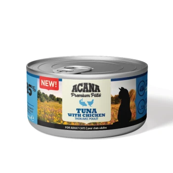 ACANA Premium Pâté Katzenfutterdose mit 'Thunfisch mit Huhn,' mit einer Silhouette einer Katze und einem 'NEU!' Etikett.