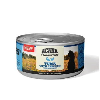 ACANA Premium Pâté Katzenfutterdose mit 'Thunfisch mit Huhn,' mit einer Silhouette einer Katze und einem 'NEU!' Etikett.