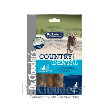 Dr. Clauder's Country Dental Snack für mittelgroße Hunderassen, mit einem Hund auf der Vorderseite, mit Text, der Zahnpflege und natürliche Fischhaut hervorhebt.