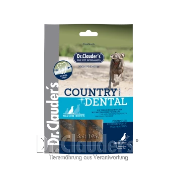 Dr. Clauder's Country Dental Snack für mittelgroße Hunderassen, mit einem Hund auf der Vorderseite, mit Text, der Zahnpflege und natürliche Fischhaut hervorhebt.