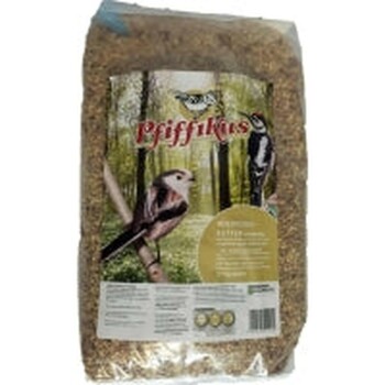 Tüte Pfiffikus Wildvogelfutter mit Wald-Label, das eine Schwanzmeise und einen Specht zeigt.