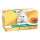 Packung mit Purina Gourmet Gold Katzenfutter mit einer flauschigen weißen Katze auf der Vorderseite, mit Geschmacksrichtungen wie Huhn, Rind und Lamm.
