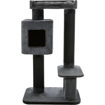 Grau Katzenbaum mit einer gemütlichen oberen Plattform, einem würfelförmigen Versteck und einer seitlichen Plattform zum Entspannen oder Klettern.