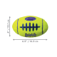 KONG AirDog Squeaker neon-yellow tennis-style dog football toy with blue laces, labeled 6.5"/16.5 cm by 4"/10.1 cm