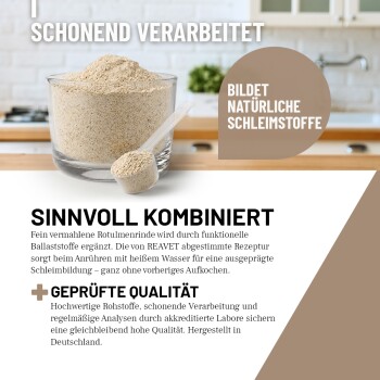 Bild eines Haustierfutterpakets mit "ReaVet Ulmenrinde Plus" für Katzen, das Zutaten, Nährwertanalyse und Fütterungshinweise hervorhebt.