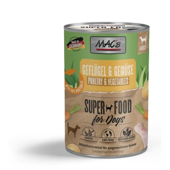 Dosen-Hundefutter "MAC's Super Food for Dogs" mit Geflügel, 30% Gemüse, getreidefrei, klimafreundlich, hergestellt in Deutschland.