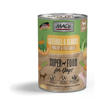 Dosen-Hundefutter "MAC's Super Food for Dogs" mit Geflügel, 30% Gemüse, getreidefrei, klimafreundlich, hergestellt in Deutschland.