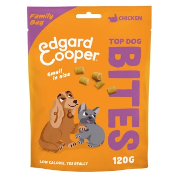 Edgard Cooper Top Dog Bites Hühnergeschmack Hundeleckerlis in einer leuchtend orangefarbenen Familienpackung, mit einem Cartoon-Hund und einer Katze.