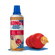 KONG Easy Treat Erdnussbutter-Quetschflasche neben einem roten KONG-Hundespielzeug, das mit Erdnussbutter gefüllt ist, vor blauem Hintergrund.