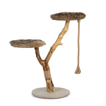DBL Kratzbaum Elora Holz Katzenbaum mit zwei plüschigen Plattformen und einem Sisal-Seil zum Kratzen, gestaltet mit einem natürlichen Holzsockel.