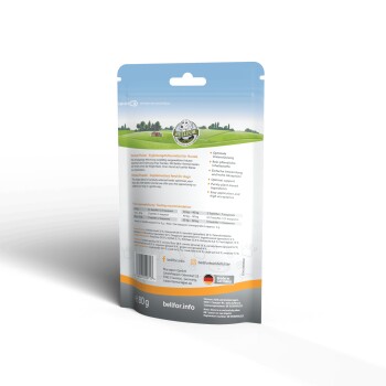 Ergänzendes Futterpulver für Hunde, 80g Packung, mit Fütterungsempfehlungen, ernährungsphysiologischer Unterstützung und dem Etikett "Hergestellt in Deutschland".