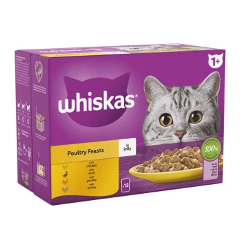 Whiskas cat food box featuring a gray cat's face, labeled "Poultry Feasts in jelly" with flavors: chicken, duck, poultry, turkey.