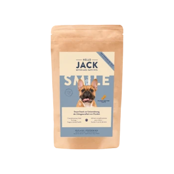 Friandise dentaire Hello Jack Smile pour chiens au goût beurre de cacahuète, avec algues kelp et menthe poivrée, pour un meilleur soin des animaux.