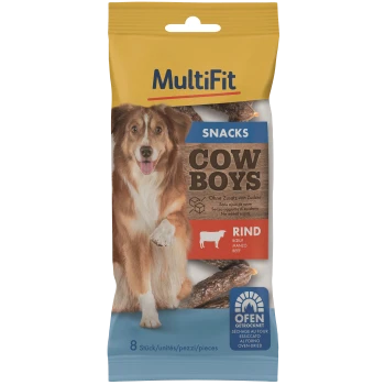 MultiFit Cow Boys dog snacks package featuring a dog on the front, with text indicating "No added sugars" and "Beef." Contains 8 pieces.