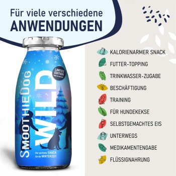 Blaue Flasche des SmoothieDog Wild Limited Edition Hundesnacks mit deutschem Text, der Verwendungszwecke wie kalorienarmer Snack und Trainingshilfe auflistet.
