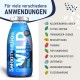 Blaue Flasche des SmoothieDog Wild Limited Edition Hundesnacks mit deutschem Text, der Verwendungszwecke wie kalorienarmer Snack und Trainingshilfe auflistet.