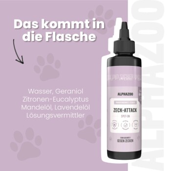 Flasche Alphazoo Zeck-Attack Zeckenschutz mit Inhaltsstoffen: Wasser, Geraniol, Zitroneneukalyptus, Mandelöl, Lavendelöl, Lösungsmittel.