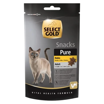 Select Gold Pure cat snacks packaging featuring a light-colored cat, with text indicating chicken flavor, suitable for adult cats.