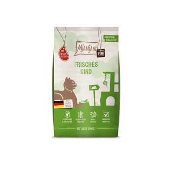 Mjamjam Katzenfuttertüte, grün-weiß, mit der Aufschrift „Frisches Rind“, Katzensilhouette, deutscher Flagge und Badge „Mit Frischfleisch“