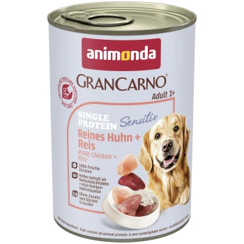 Dose Animonda GranCarno Hundefutter, 'Single Protein Sensitiv' Pure Chicken + Rice, zeigt einen Golden Retriever.