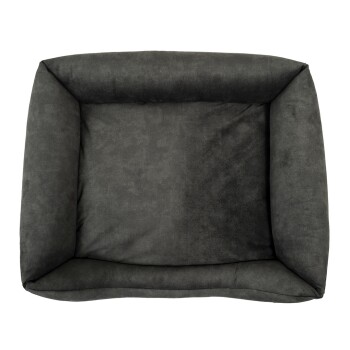 Graues Haustierbett mit einer weichen, plüschigen Textur und erhöhten Rändern, entworfen für Komfort und Unterstützung.