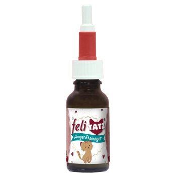 Braune Flasche mit "feli TATZ AugenReiniger" Augenreiniger für Haustiere, mit einer Cartoon-Katze und Herzen auf dem Etikett.