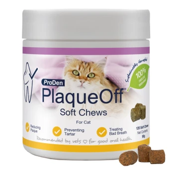 PlaqueOff Soft Chews Cat 120pk Jar of ProDen PlaqueOff Soft Chews for Cat with cat photo, "100% natural seaweed" badge and three soft chews.