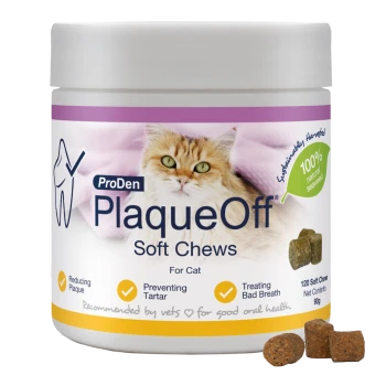 Jar of ProDen PlaqueOff Soft Chews for Cat with cat photo, "100% natural seaweed" badge and three soft chews.
