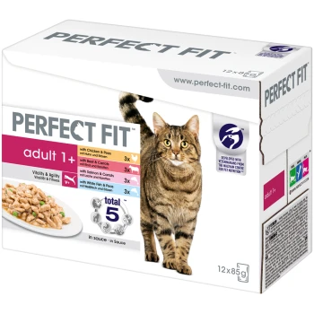 Eine Box mit Perfect Fit Katzenfutter, die eine getigerte Katze auf der Vorderseite zeigt, beschriftet mit 'adult 1+' und Geschmacksrichtungen wie Huhn, Rind, Lachs und Weißfisch.